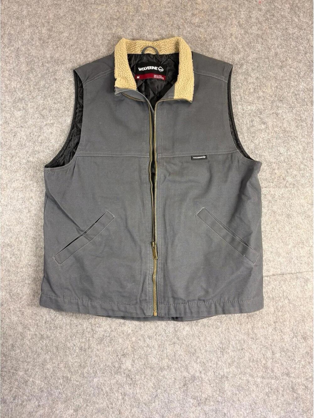 Wolverine Vest Mens M Gray Duck Canvas Quilted Lining Full Zip Workwear